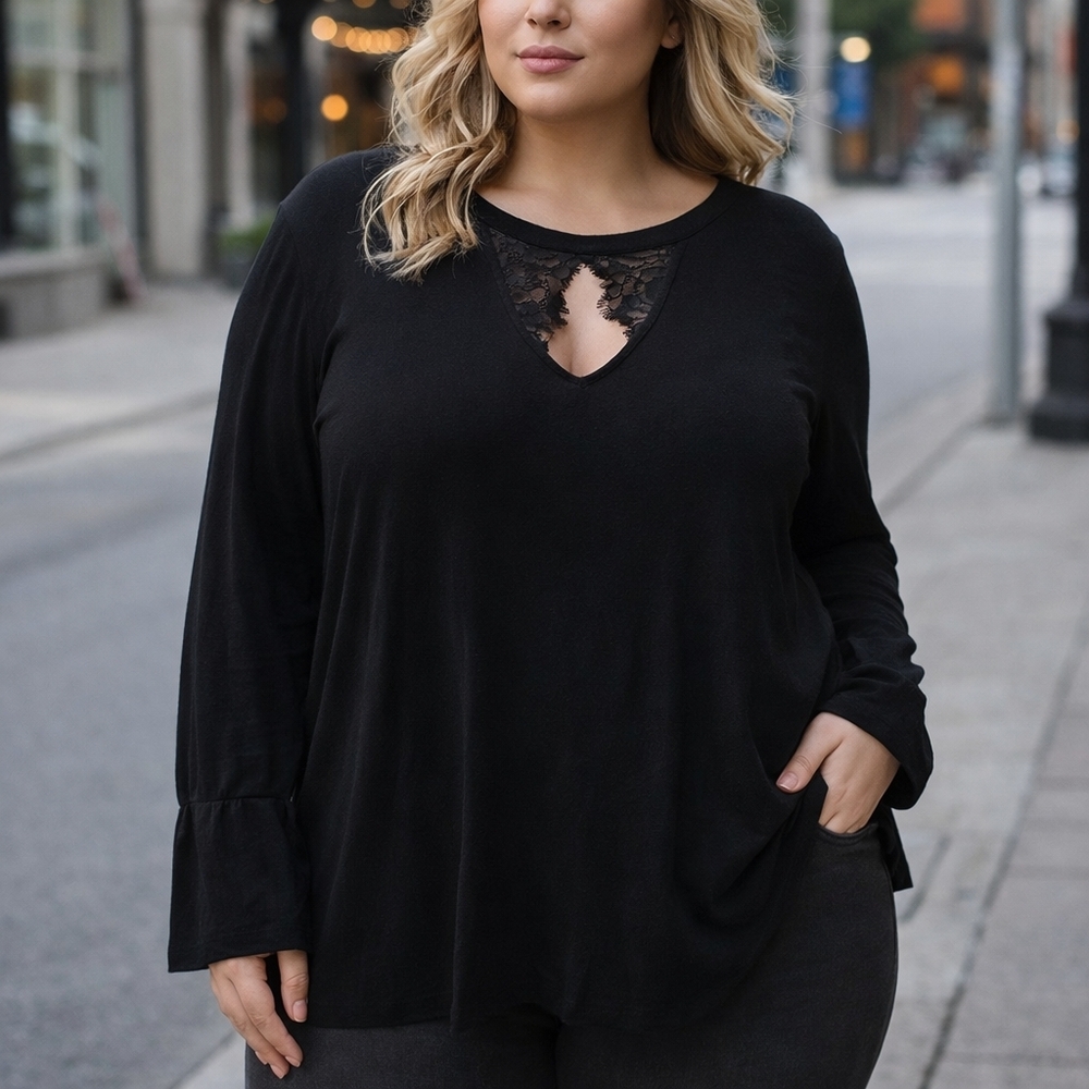 Michel Studio Keyhole Neckline Long Sleeve Blouse Top Plus Size Fall Casual